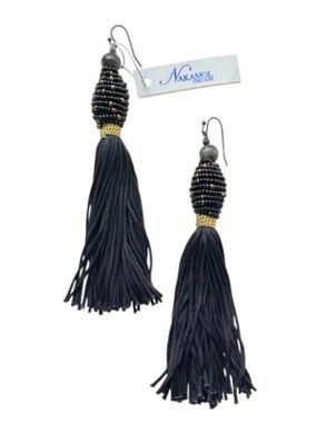Nakamol Chicago Black and Gold Mixed Bead Tassel Drop Earrings